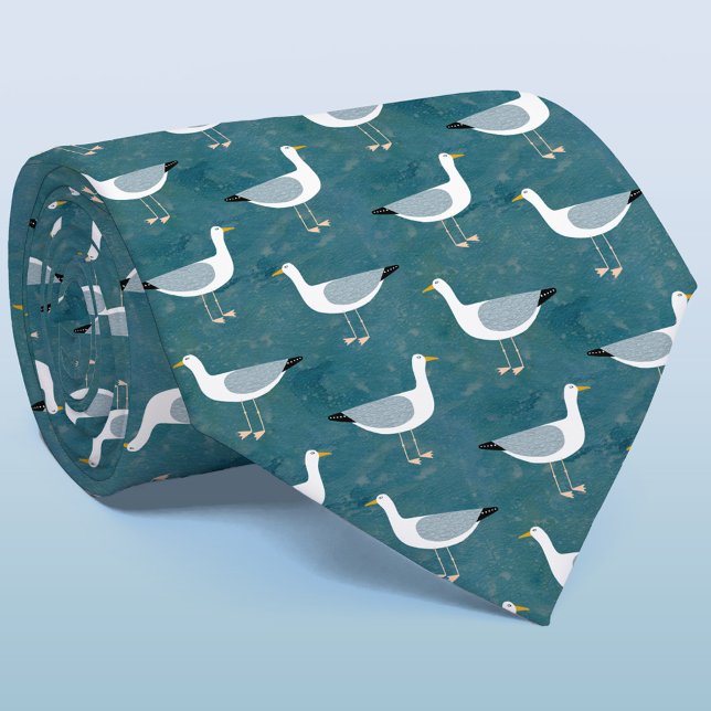 Seagull Coastal Bird Green Pattern Tie (Fun seagull nautical tie for sailors and those who love the ocean)