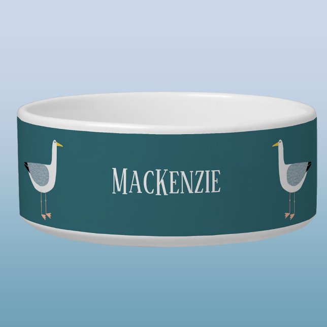 Seagull Coastal Personalised Pet Bowl (Fun seagull coastal themed personalized name dog or pet bowl)