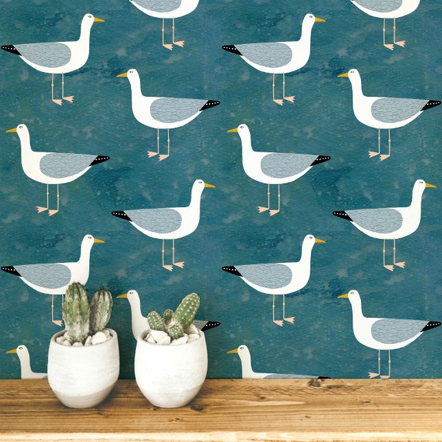Seagull Coastal Teal Green Wallpaper (Fun seagull nautical coastal shore bird wallpaper)