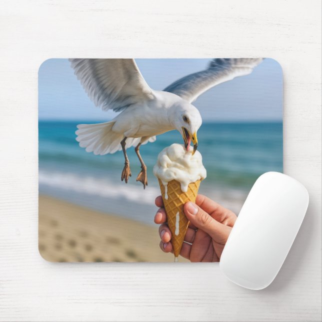 Seagull Eating an Ice Cream Cone Mouse Mat (With Mouse)