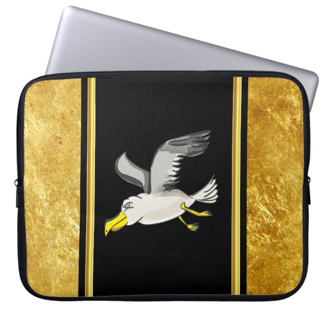 Seagull flying over head with a gold foil design laptop sleeve (Front)