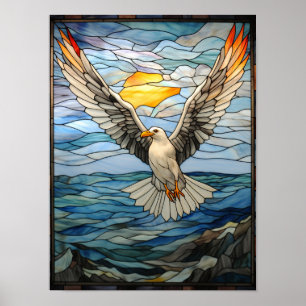 Seagull Flying over Ocean Stained Glass Sunset Art Poster
