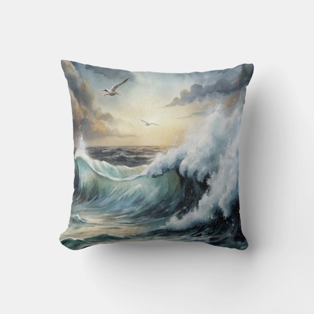Seagull flying over Stormy Sea Cushion (Front)