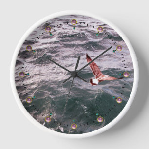 SEAGULL FLYING OVER THE SEA WAVES, Pink Gemstones Wall Clock