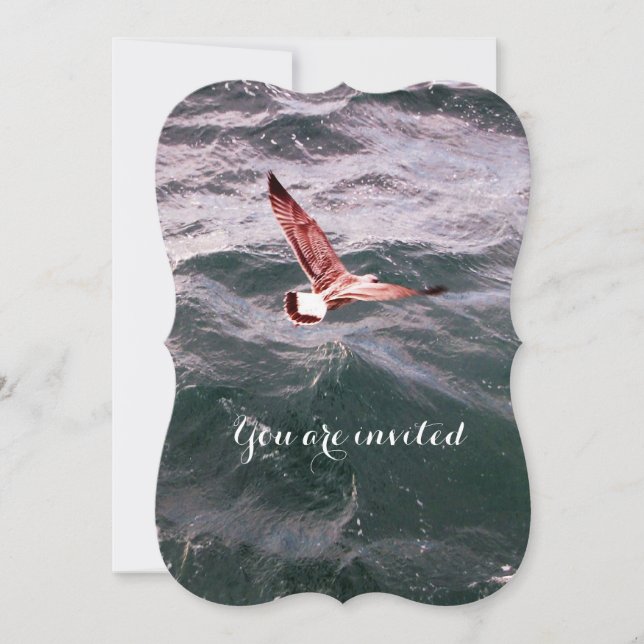 SEAGULL FLYING OVER THE WAVES BEACH WEDDING INVITATION (Front)