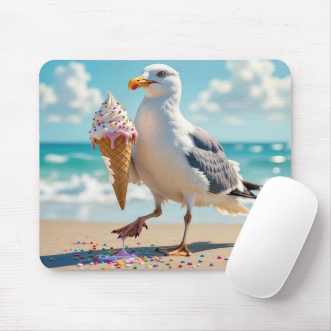 Seagull Holding an Ice Cream Cone Mouse Mat (With Mouse)