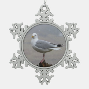 Seagull in Snow Snowflake Pewter Christmas Ornament