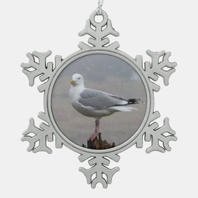 Seagull in Snow  Snowflake Pewter Christmas Ornament (Front)
