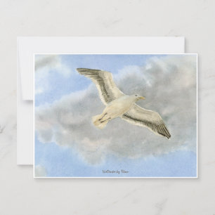 Seagull in the clouds watercolor postcard