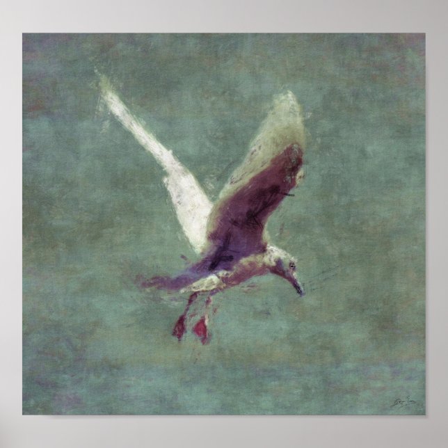 Seagull Landing on Water Impressionist Art Poster (Front)