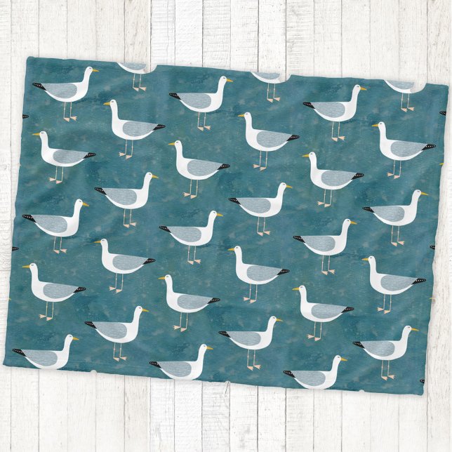 Seagull Nautical Fleece Blanket (Nautical Seagull bird teal green fleece blanket)