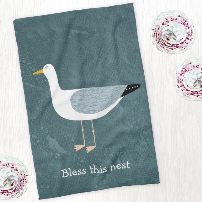 Seagull Nautical Tea Towel (Seagull Bless this Nest custom text kitchen tea towel)