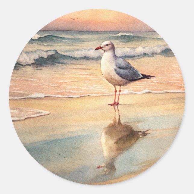 Seagull on a Beach Classic Round Sticker (Front)