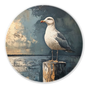 Seagull on a Post Oil Painting Art Ceramic Knob