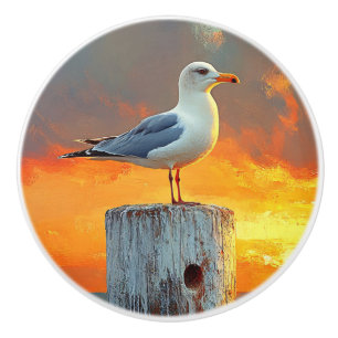 Seagull on a Post Sunset Over the Ocean Art Ceramic Knob