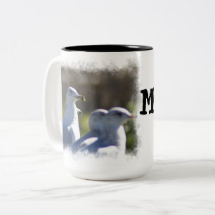 Seagull on a Rail White Border Two-Tone Coffee Mug