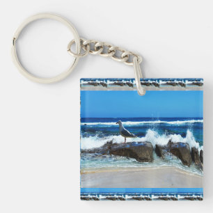 Seagull On Beach Rocks, Key Ring