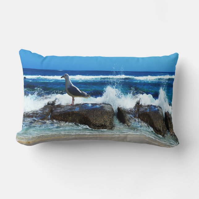 Seagull On Beach Rocks, Lumbar Cushion (Front)