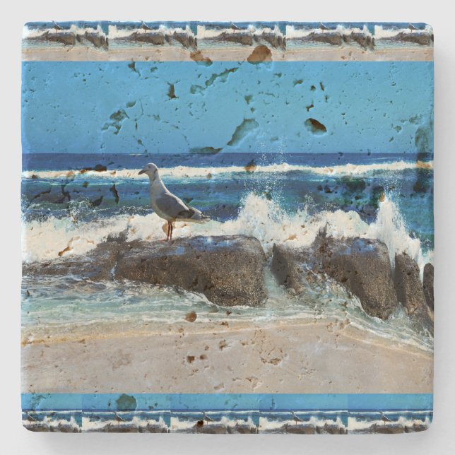 Seagull On Beach Rocks, Stone Coaster (Front)