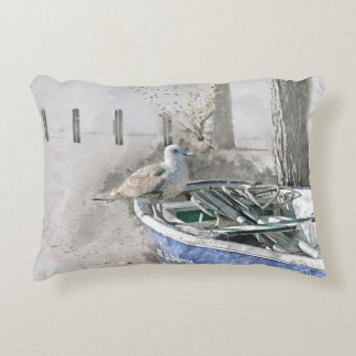Seagull on Boat Watercolor Decorative Cushion
