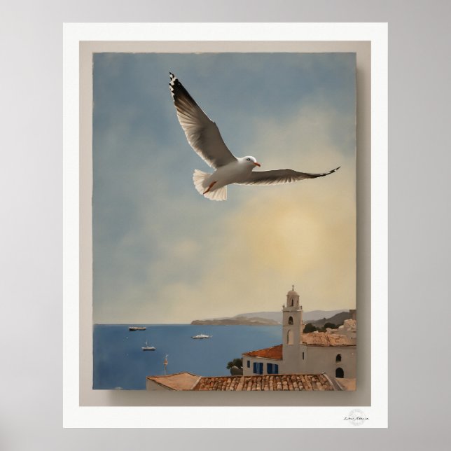 Seagull Over Rooftops Art Print, Coastal Sky Poster (Front)