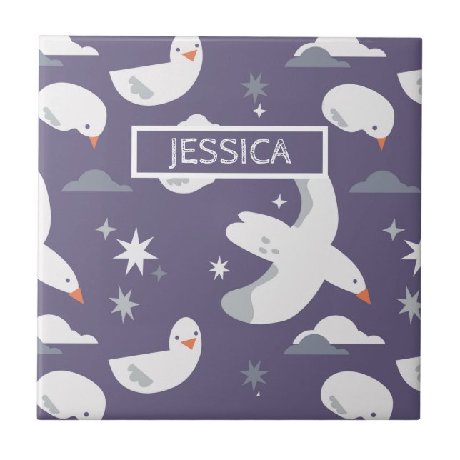 Seagull Pattern Nautical Ocean Nature Birds Name Tile (Front)