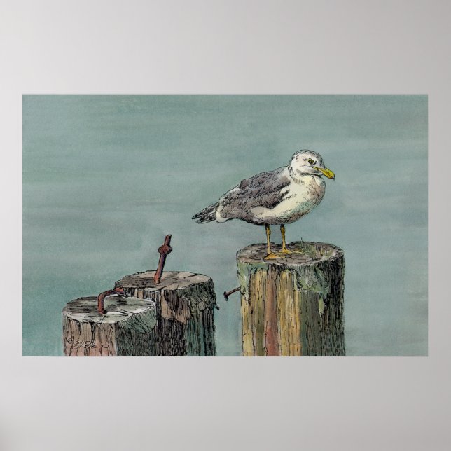 SEAGULL & PILINGS by SHARON SHARPE Poster (Front)