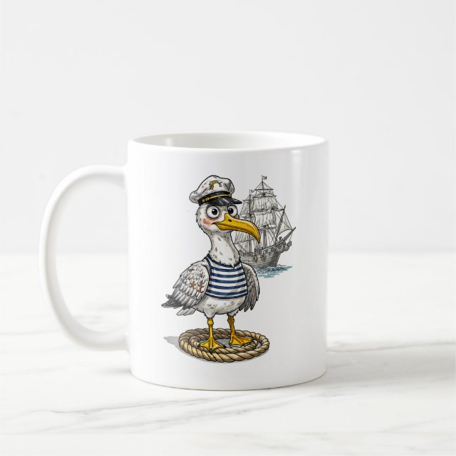 Seagull Sailor with Rope and Ship Background Coffee Mug (Left)