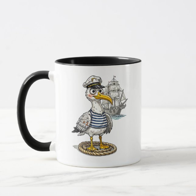 Seagull Sailor with Rope and Ship Background Mug (Left)