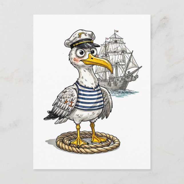 Seagull Sailor with Rope and Ship Background Postcard (Front)