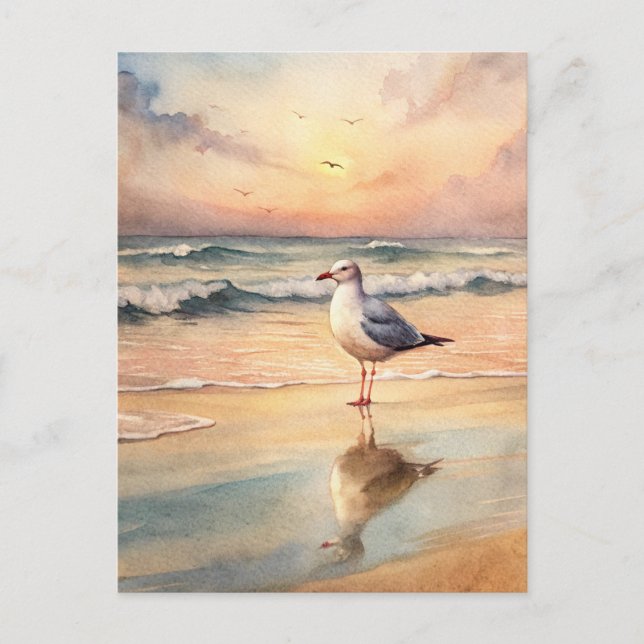 Seagull Sea Shore Sunset Ocean Watercolor Painting Postcard (Front)