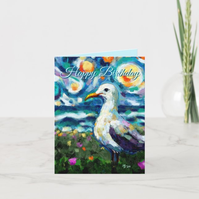 Seagull Van Gogh Style Beach Sky Birthday Card (Front)
