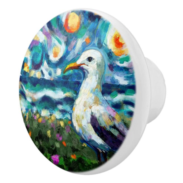 Seagull Van Gogh Style Beach Sky Blue Nautical Ceramic Knob (Right)