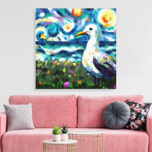 Seagull Van Gogh Style Beach Sky Blue Teal Canvas Print