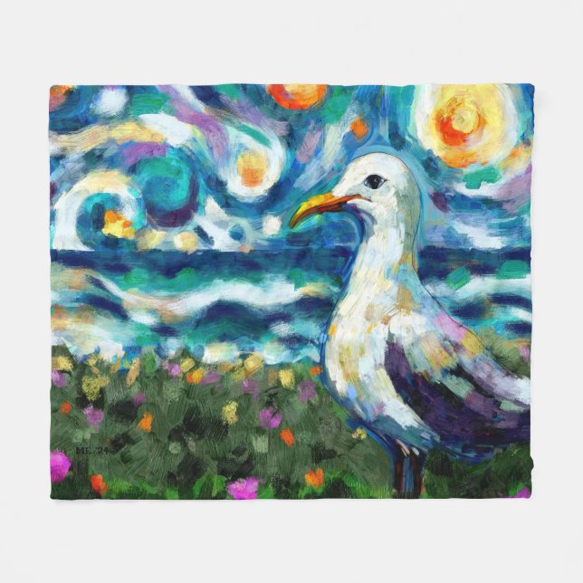 Seagull Van Gogh Style Beach Sky Blue Teal  Fleece Blanket (Front (Horizontal))