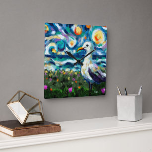Seagull Van Gogh Style Beach Sky Blue Teal Square Wall Clock