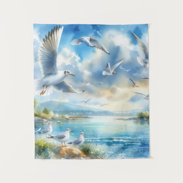 Seagull Watercolor Painting Tapestry (Front)
