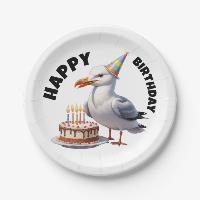 Seagull wearing birthday hat birthday paper plate (Front)