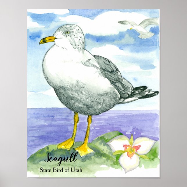 Seagull White Ocean Bird Watercolor Lake  Poster (Front)