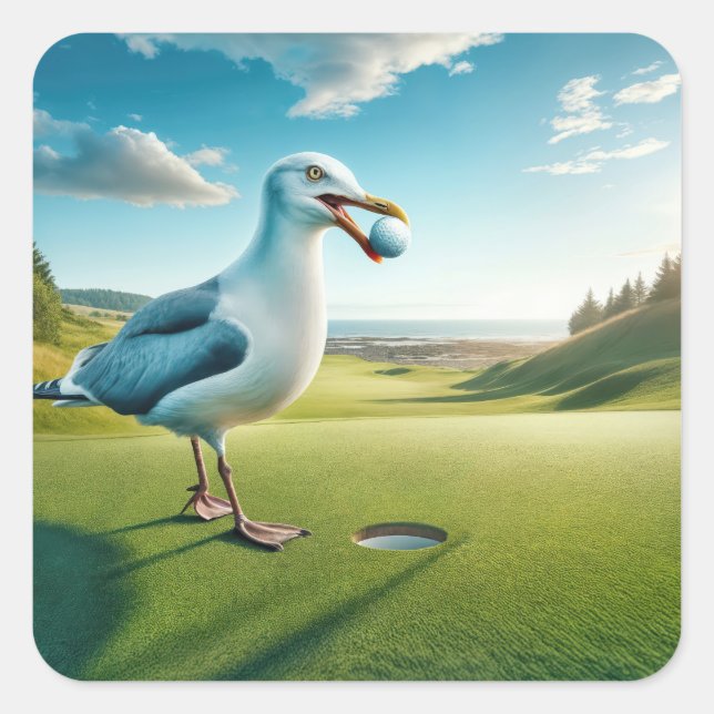 Seagull With a Golf Ball Square Sticker (Front)
