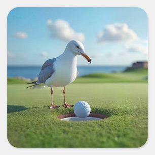 Seagull With a Hole-In-One Golf Ball Square Sticker