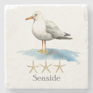 Seagull with Starfish Watercolor Stone Coaster