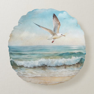 Seagulls Flying on a Beach Round Cushion