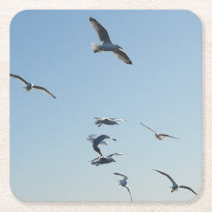 Seagulls Flying Over Ocean Waves Coastal Bird  Square Paper Coaster