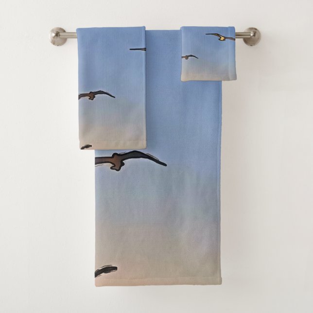 Seagulls In Flight Black Outline Art Bath Towel Set (Insitu)