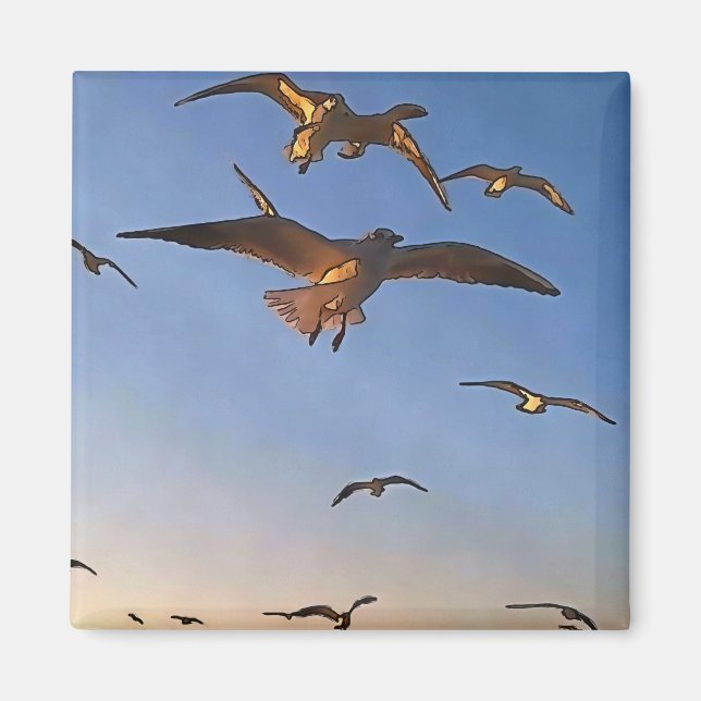 Seagulls In Flight Black Outline Art Magnet (Front)