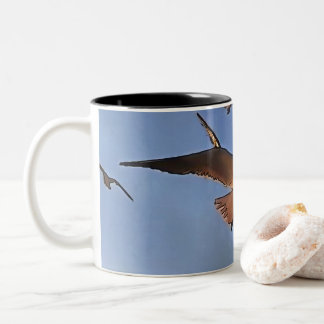 Seagulls In Flight Black Outline Art Two-Tone Coffee Mug