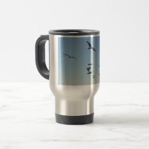 Seagulls In Flight Ocean Breeze Coastal Blue Sky Travel Mug