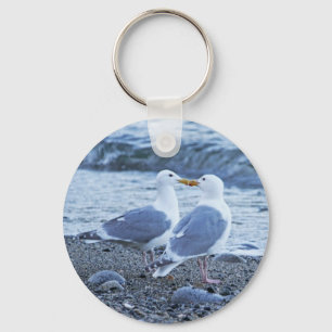 Seagulls Kissing on the Beach Photo Key Ring