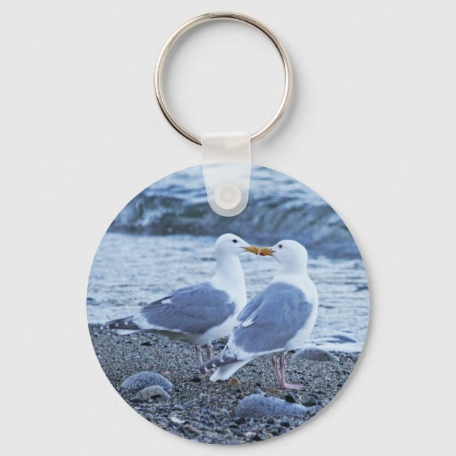 Seagulls Kissing on the Beach Photo Key Ring (Front)